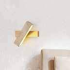Japandi Travertine Stone & Wood LED Wall Sconce Adjustable Geometric Lamp for Living Room, Bedside, and Bathroom