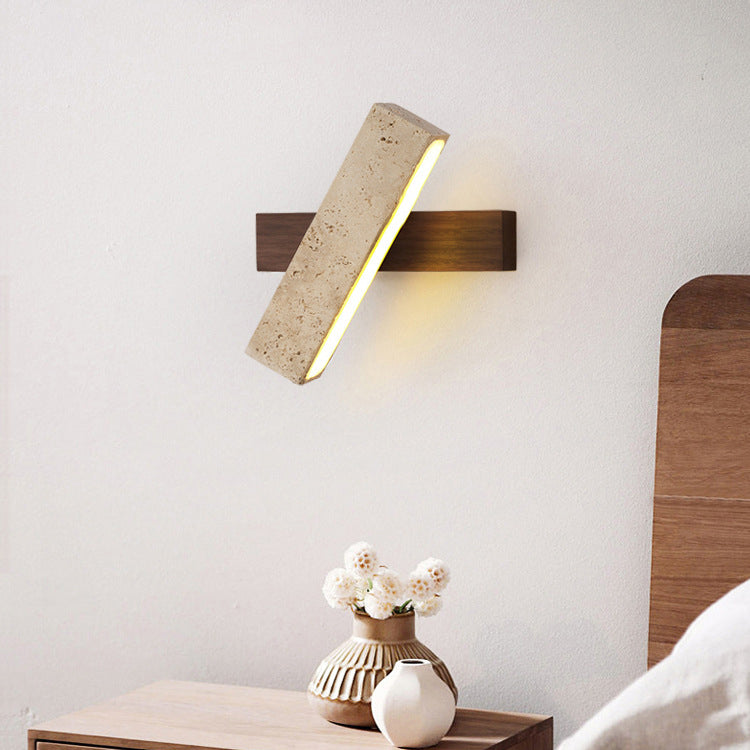 Japandi Travertine Stone & Wood LED Wall Sconce Adjustable Geometric Lamp for Living Room, Bedside, and Bathroom