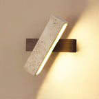 Japandi Travertine Stone & Wood LED Wall Sconce Adjustable Geometric Lamp for Living Room, Bedside, and Bathroom