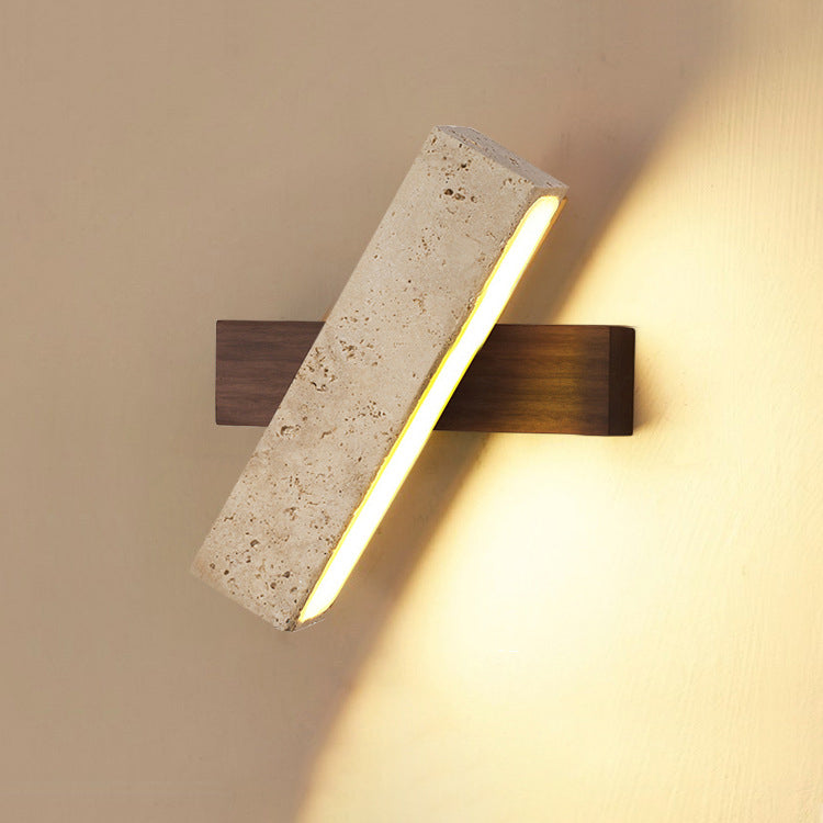 Japandi Travertine Stone & Wood LED Wall Sconce Adjustable Geometric Lamp for Living Room, Bedside, and Bathroom