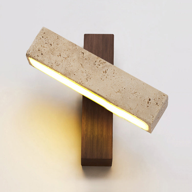 Japandi Travertine Stone & Wood LED Wall Sconce Adjustable Geometric Lamp for Living Room, Bedside, and Bathroom