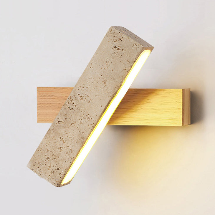 Japandi Travertine Stone & Wood LED Wall Sconce Adjustable Geometric Lamp for Living Room, Bedside, and Bathroom