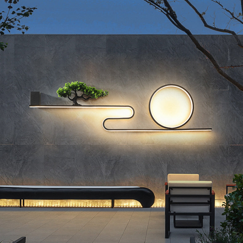 Modern Art Deco Solar Waterproof Aluminum PVC Painting Pine Tree Circle LED Wall Sconce Lamp For Outdoor Patio
