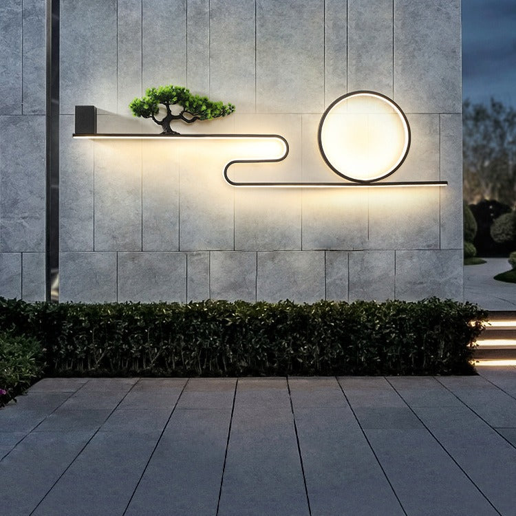 Modern Art Deco Solar Waterproof Aluminum PVC Painting Pine Tree Circle LED Wall Sconce Lamp For Outdoor Patio