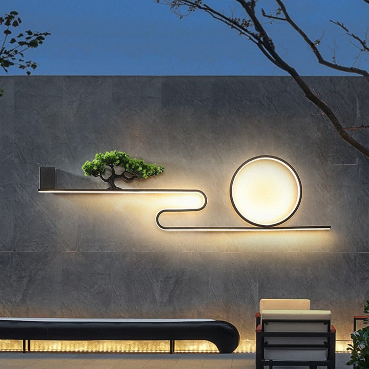 Modern Art Deco Solar Waterproof Aluminum PVC Painting Pine Tree Circle LED Wall Sconce Lamp For Outdoor Patio