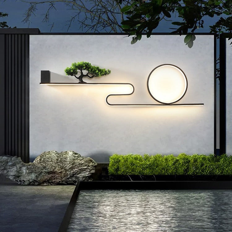 Modern Art Deco Solar Waterproof Aluminum PVC Painting Pine Tree Circle LED Wall Sconce Lamp For Outdoor Patio