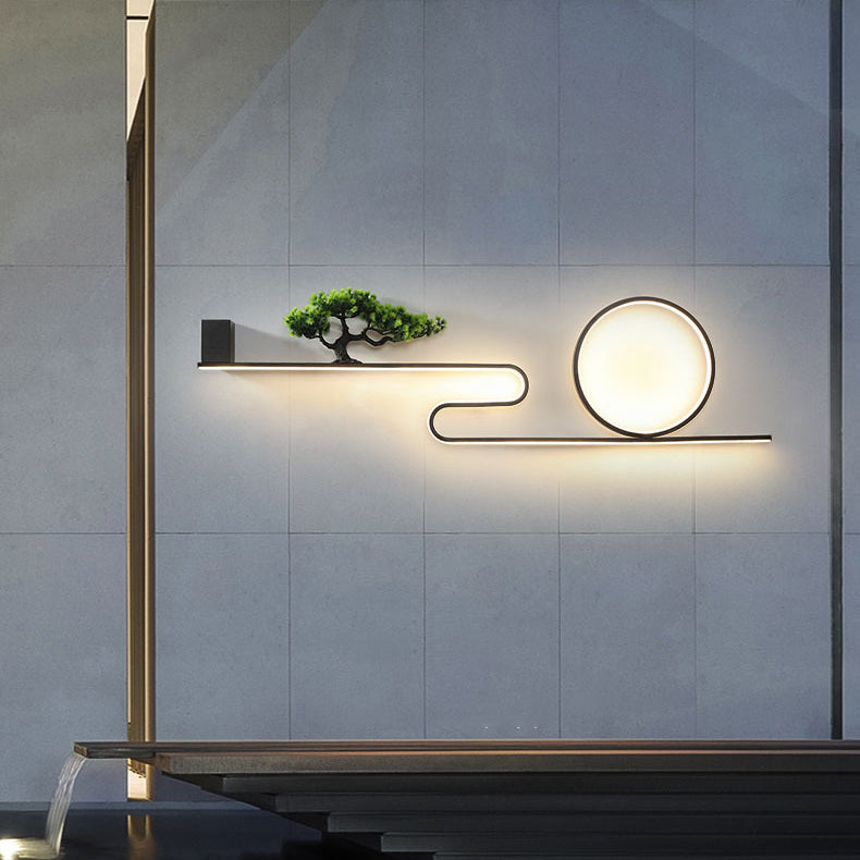 Modern Art Deco Solar Waterproof Aluminum PVC Painting Pine Tree Circle LED Wall Sconce Lamp For Outdoor Patio