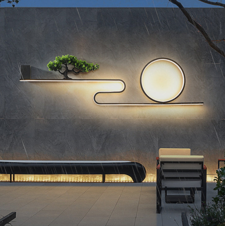 Modern Art Deco Solar Waterproof Aluminum PVC Painting Pine Tree Circle LED Wall Sconce Lamp For Outdoor Patio