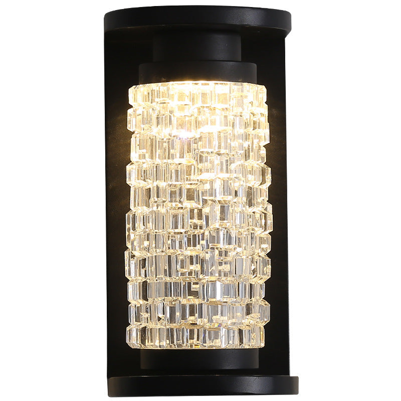 Lámpara de pared LED cilíndrica de lujo moderno impermeable de acero inoxidable con imitación de cristal acrílico para patio exterior