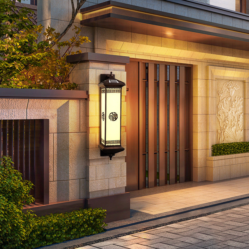 Traditional Chinese Waterproof ABS Aluminum Glass Rectangular Happiness Wealth Pattern LED Wall Sconce Lamp For Outdoor Patio