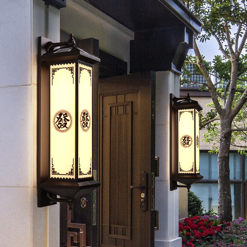 Traditional Chinese Waterproof ABS Aluminum Glass Rectangular Happiness Wealth Pattern LED Wall Sconce Lamp For Outdoor Patio