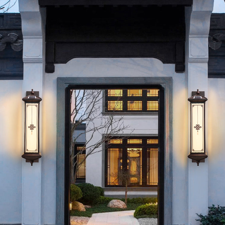Traditional Chinese Waterproof ABS Aluminum Glass Rectangular Happiness Wealth Pattern LED Wall Sconce Lamp For Outdoor Patio