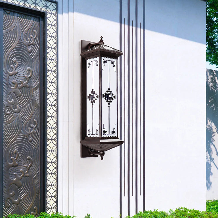 Traditional Chinese Waterproof ABS Aluminum Glass Rectangular Happiness Wealth Pattern LED Wall Sconce Lamp For Outdoor Patio