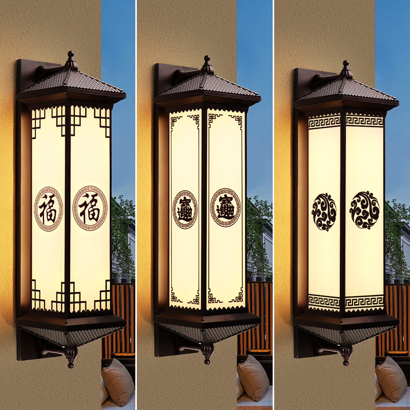 Traditional Chinese Waterproof ABS Aluminum Glass Rectangular Happiness Wealth Pattern LED Wall Sconce Lamp For Outdoor Patio