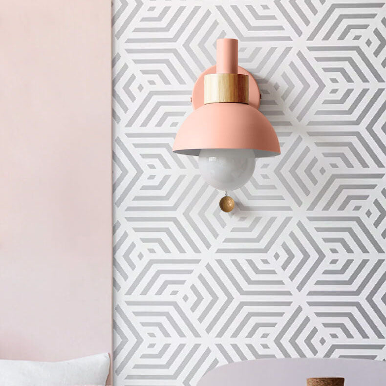 Nordic Minimalist Pastel Wooden Wall Sconce with Pull Chain Switch Macaron Globe Bedside Reading Light for Kids Room Bedroom Wholesale