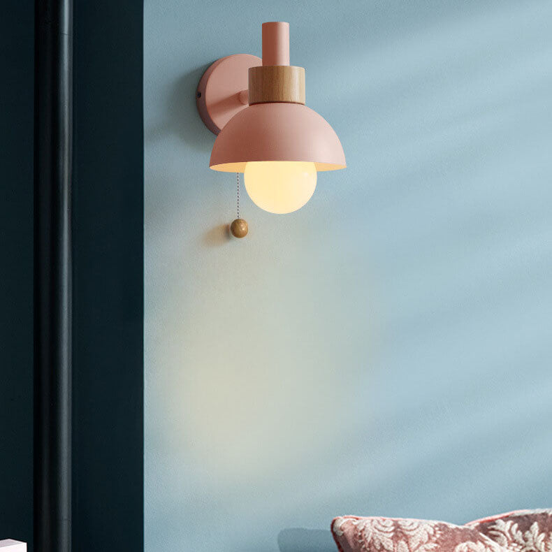 Nordic Minimalist Pastel Wooden Wall Sconce with Pull Chain Switch Macaron Globe Bedside Reading Light for Kids Room Bedroom Wholesale