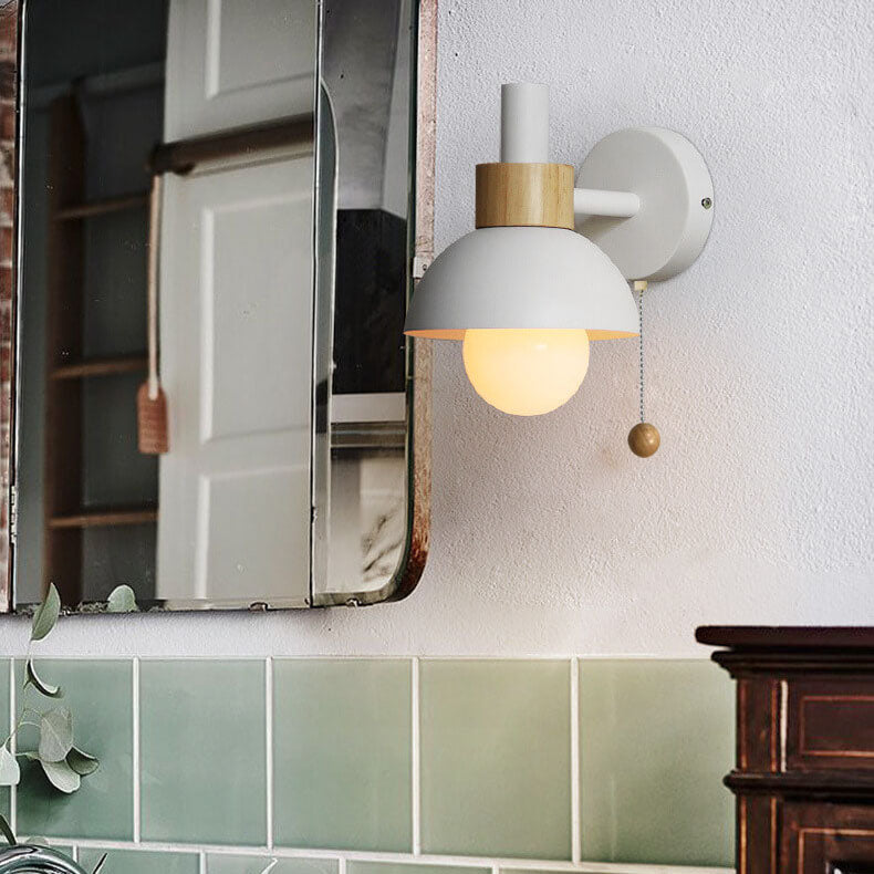 Nordic Minimalist Pastel Wooden Wall Sconce with Pull Chain Switch Macaron Globe Bedside Reading Light for Kids Room Bedroom Wholesale
