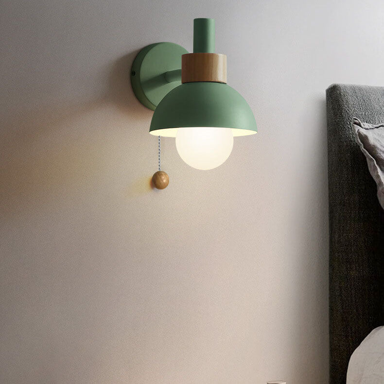 Nordic Minimalist Pastel Wooden Wall Sconce with Pull Chain Switch Macaron Globe Bedside Reading Light for Kids Room Bedroom Wholesale
