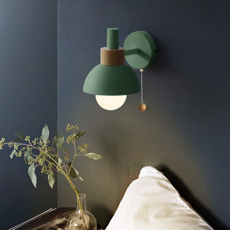Nordic Minimalist Pastel Wooden Wall Sconce with Pull Chain Switch Macaron Globe Bedside Reading Light for Kids Room Bedroom Wholesale