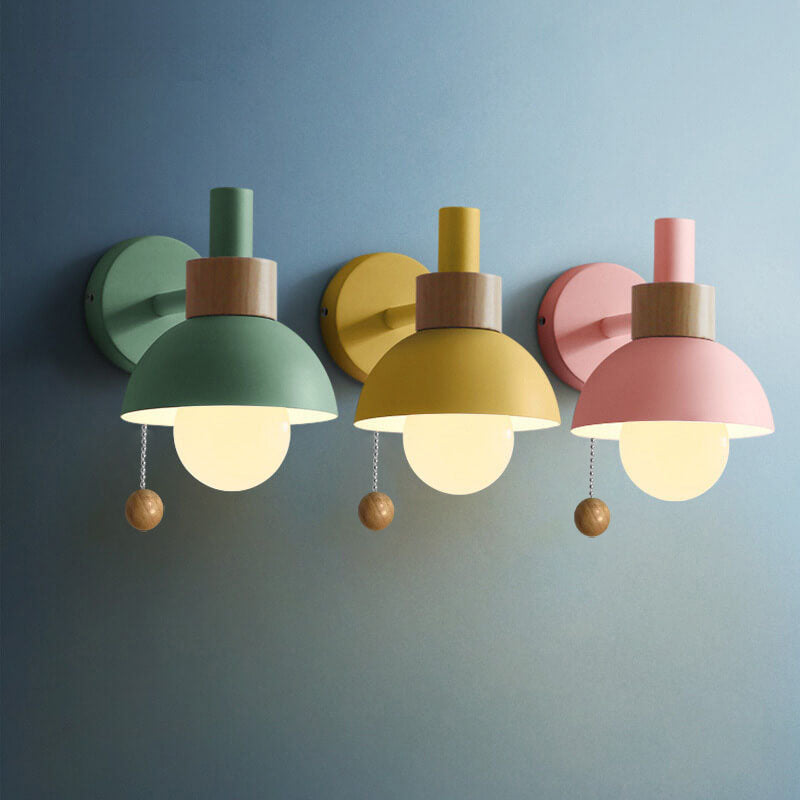 Nordic Minimalist Pastel Wooden Wall Sconce with Pull Chain Switch Macaron Globe Bedside Reading Light for Kids Room Bedroom Wholesale