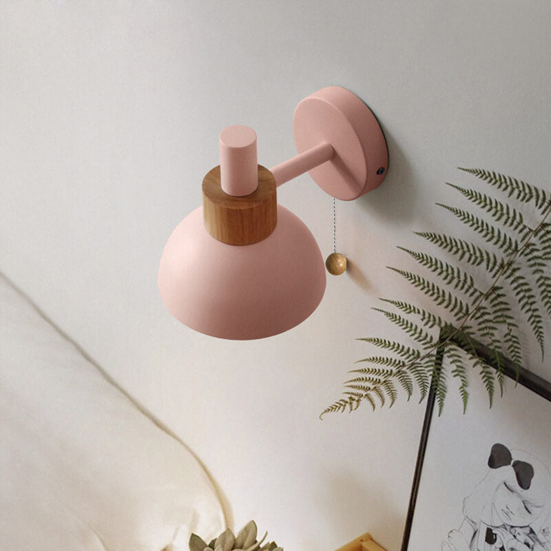 Nordic Minimalist Pastel Wooden Wall Sconce with Pull Chain Switch Macaron Globe Bedside Reading Light for Kids Room Bedroom Wholesale