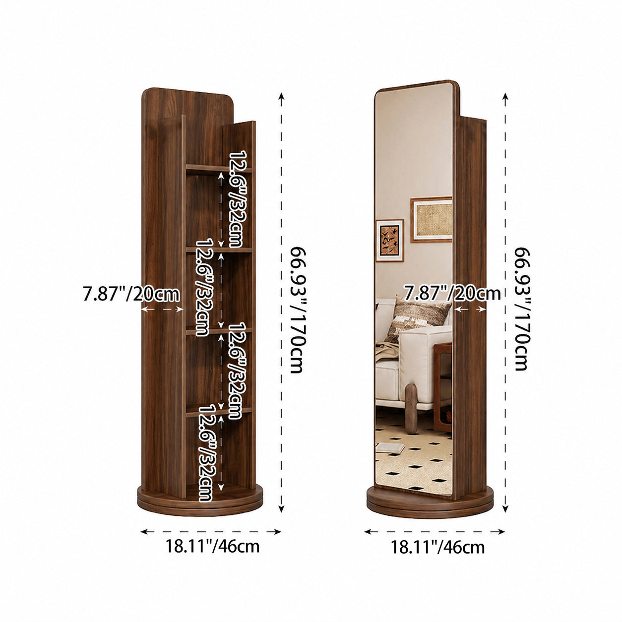 Traditional Vintage Rectangular Solid Wood Eco Panel Tempered Glass Rotatable Full-Length Mirror With 5-Tier Storage Shelf For Entryways