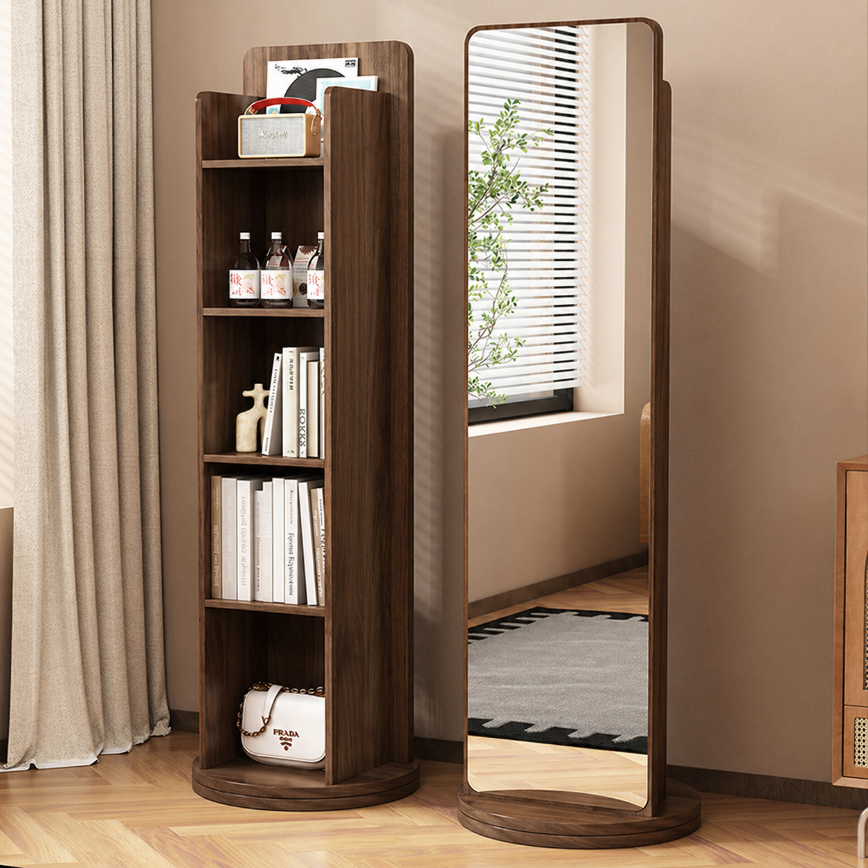 Traditional Vintage Rectangular Solid Wood Eco Panel Tempered Glass Rotatable Full-Length Mirror With 5-Tier Storage Shelf For Entryways