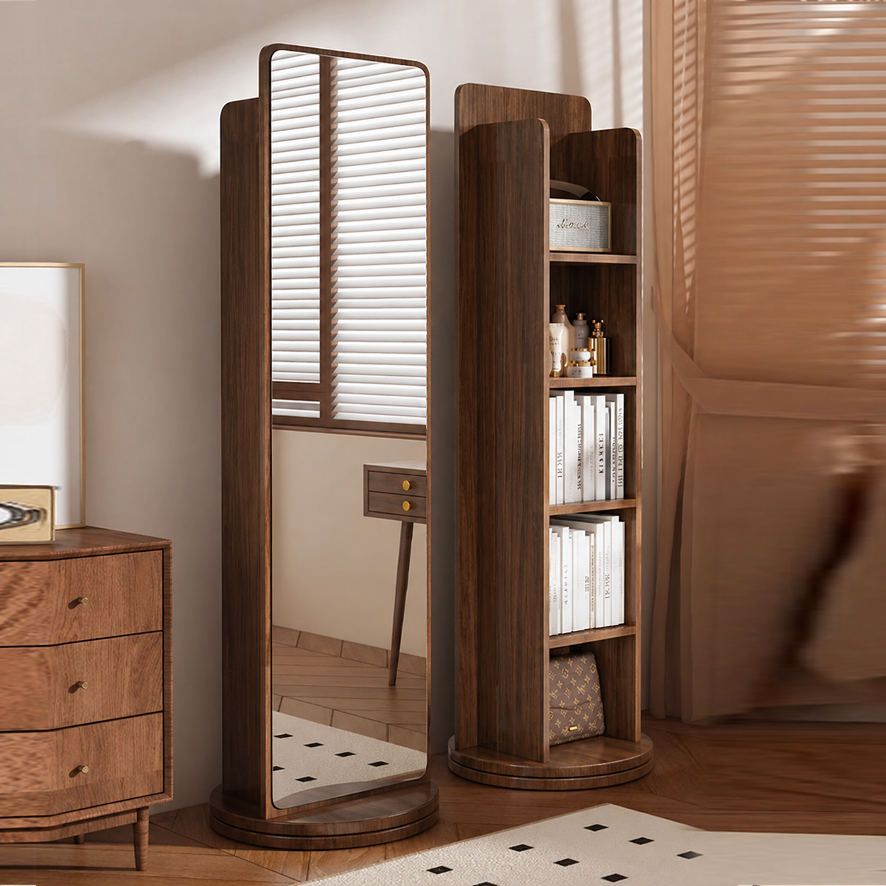 Traditional Vintage Rectangular Solid Wood Eco Panel Tempered Glass Rotatable Full-Length Mirror With 5-Tier Storage Shelf For Entryways