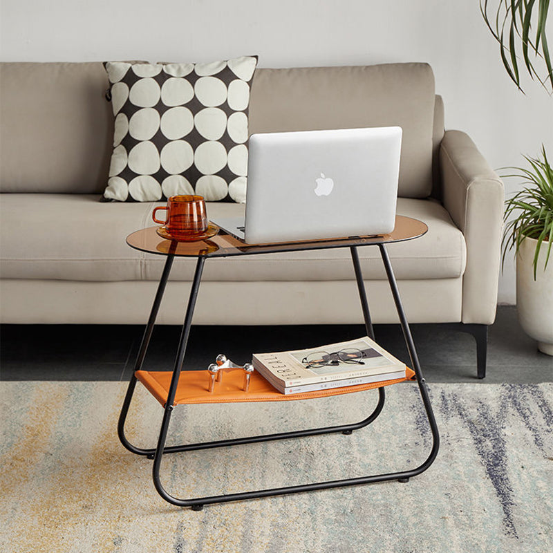 Modern Minimalist Trapezoidal Tempered Glass Artificial Leather Steel Side Table 2-Tier For Living Room