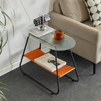 Modern Minimalist Trapezoidal Tempered Glass Artificial Leather Steel Side Table 2-Tier For Living Room