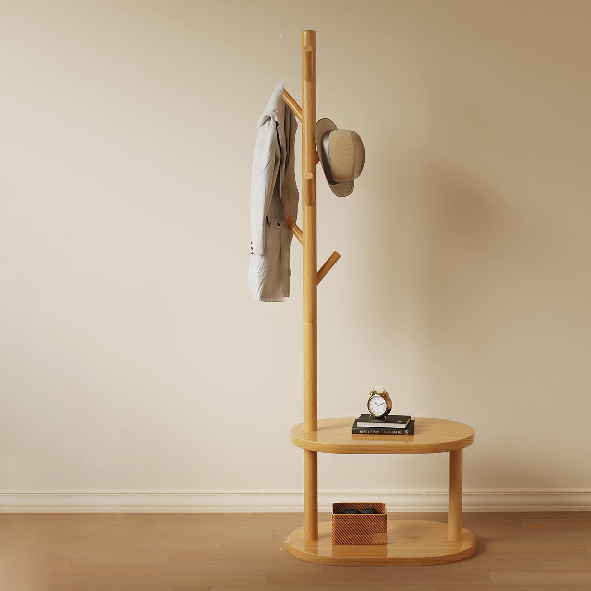Modern Minimalist Tree-Shaped Cylindrical Round Pine Wood Medium Density Fiberboard Hall Tree For Bedroom & Entryways