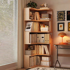 Modern Minimalist Rectangular Rubberwood Eco-Friendly Board Bookshelf Corner Shelf Unit 5/6 Tiers For Home & Office