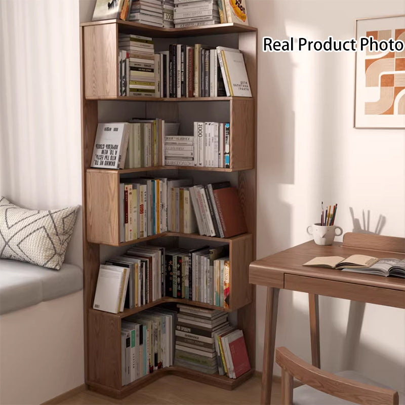 Modern Minimalist Rectangular Rubberwood Eco-Friendly Board Bookshelf Corner Shelf Unit 5/6 Tiers For Home & Office