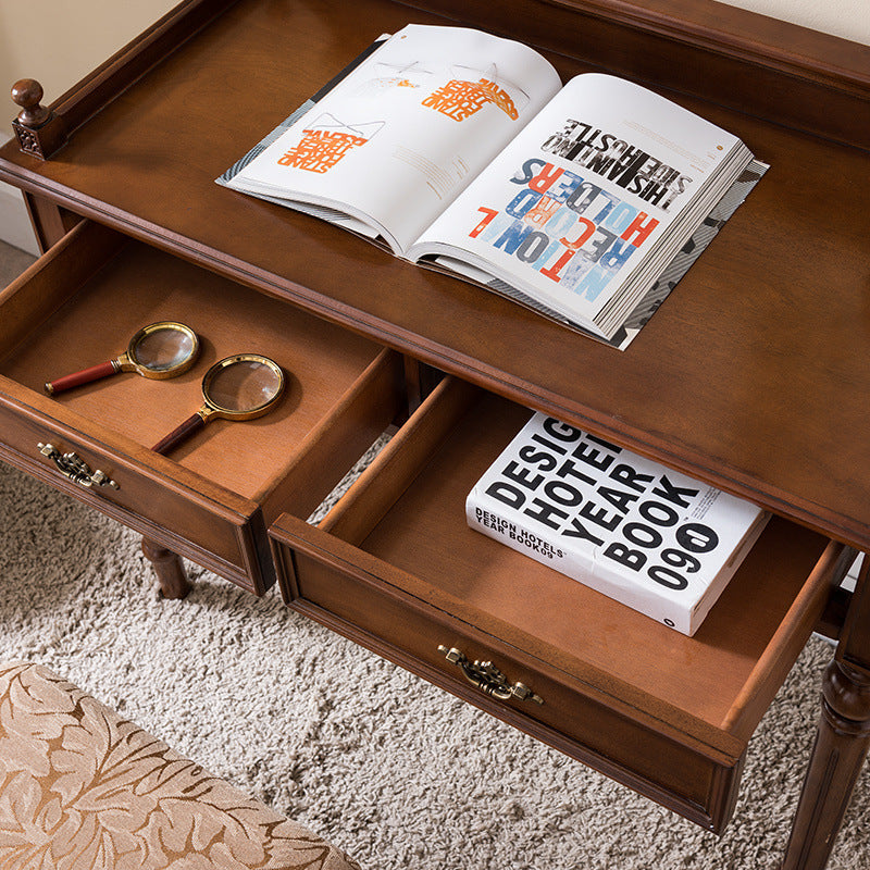Traditional Vintage Rubberwood Veneered Plywood Metal Rectangle Carved Desk 2-Drawer For Bedroom