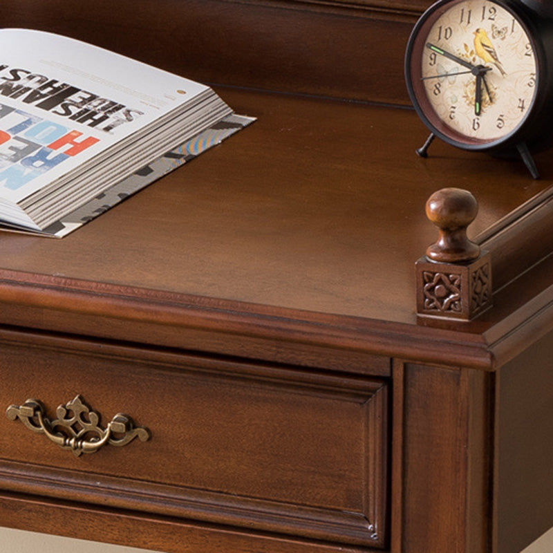 Traditional Vintage Rubberwood Veneered Plywood Metal Rectangle Carved Desk 2-Drawer For Bedroom