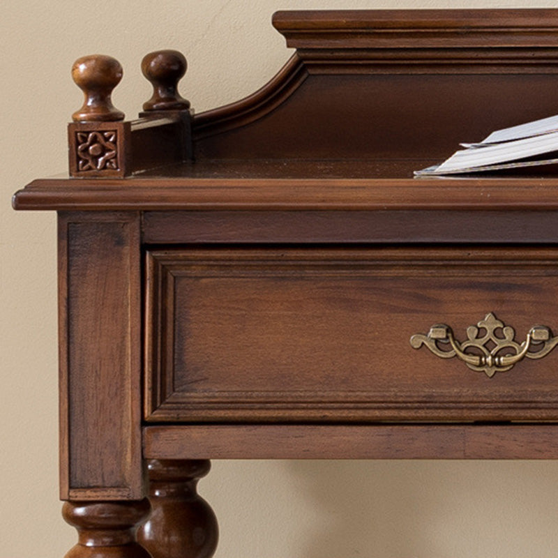 Traditional Vintage Rubberwood Veneered Plywood Metal Rectangle Carved Desk 2-Drawer For Bedroom