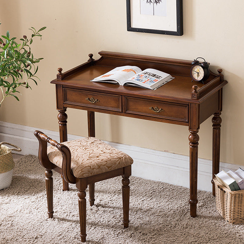 Traditional Vintage Rubberwood Veneered Plywood Metal Rectangle Carved Desk 2-Drawer For Bedroom