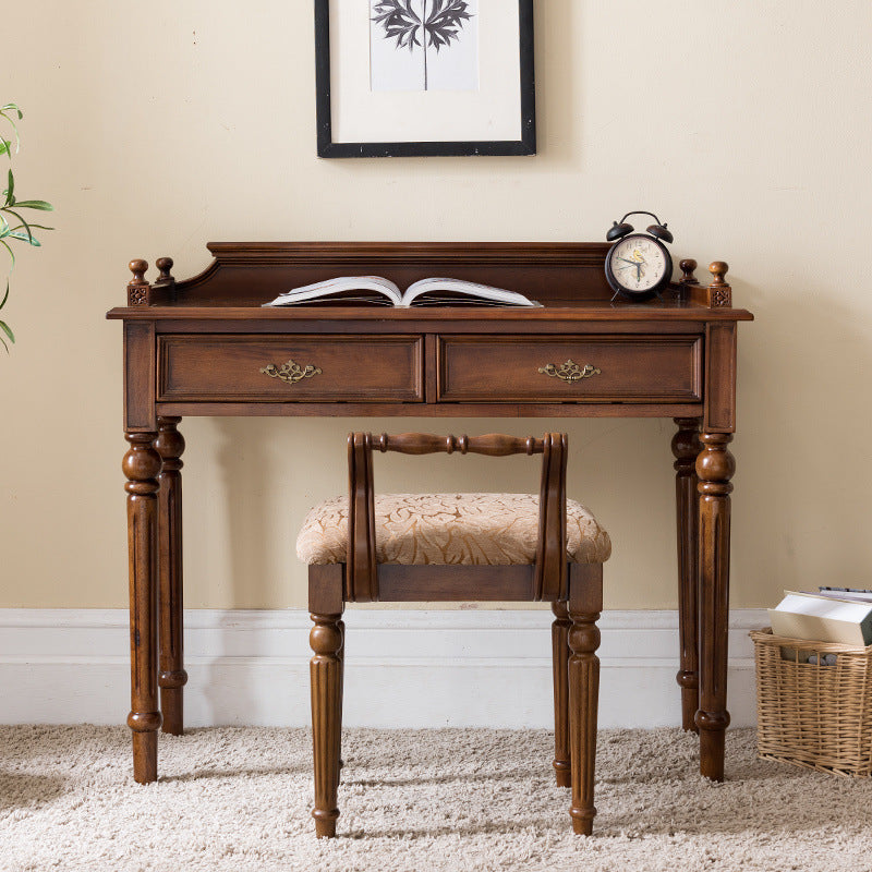Traditional Vintage Rubberwood Veneered Plywood Metal Rectangle Carved Desk 2-Drawer For Bedroom