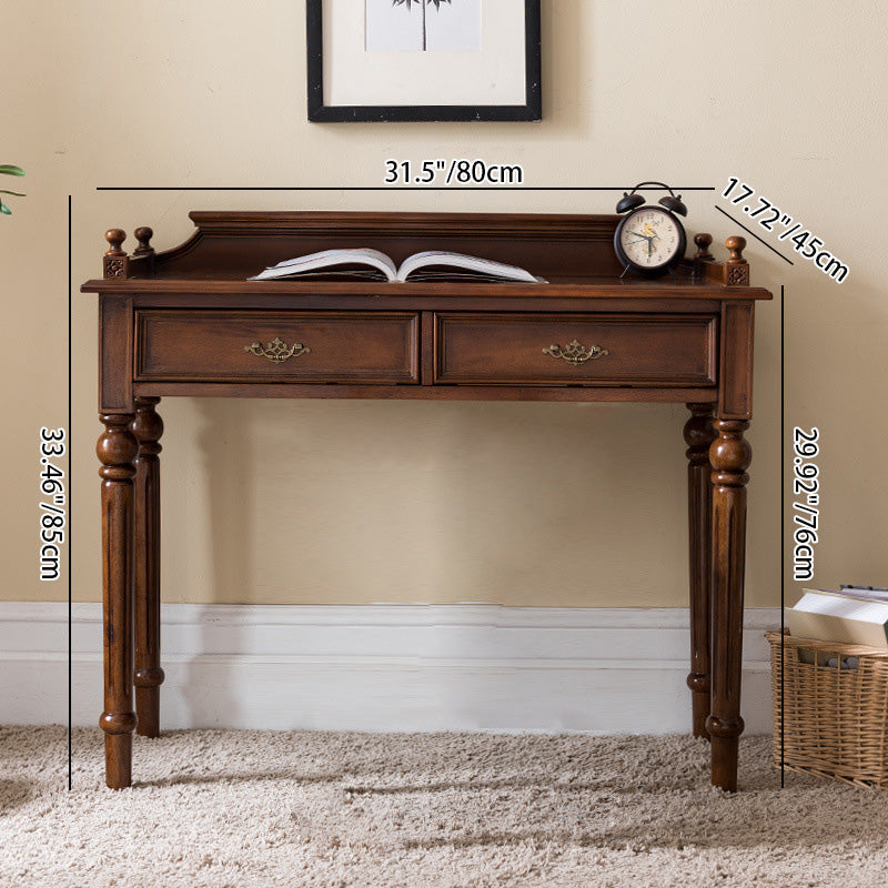 Traditional Vintage Rubberwood Veneered Plywood Metal Rectangle Carved Desk 2-Drawer For Bedroom