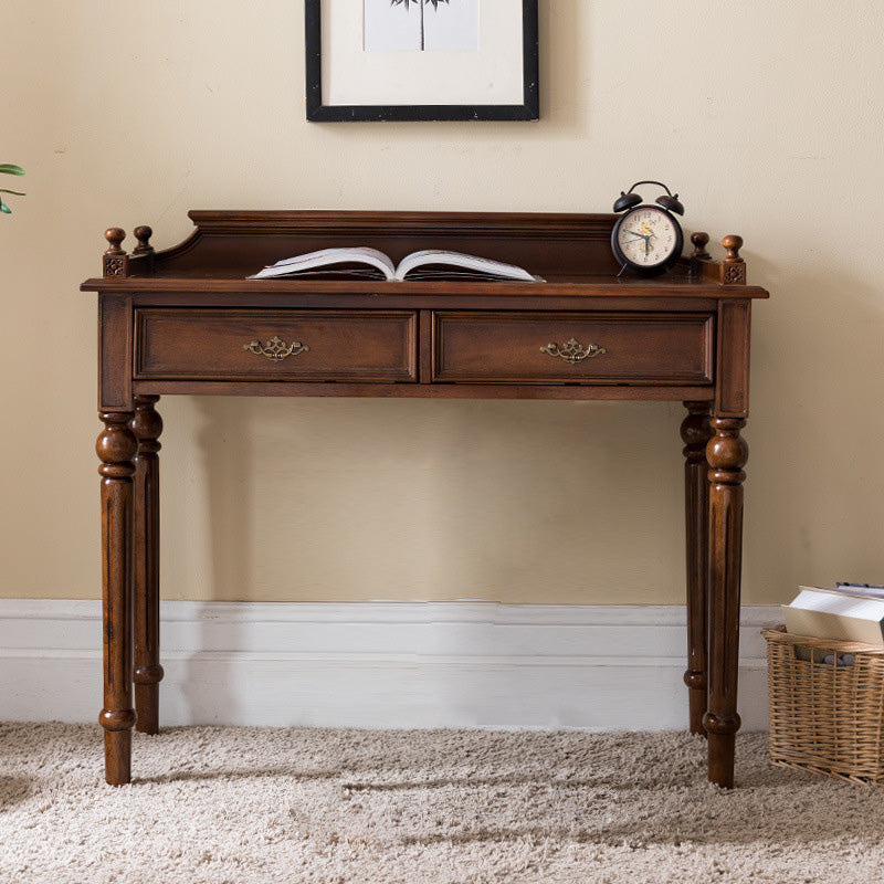 Traditional Vintage Rubberwood Veneered Plywood Metal Rectangle Carved Desk 2-Drawer For Bedroom