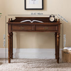 Traditional Vintage Rubberwood Veneered Plywood Metal Rectangle Carved Desk 2-Drawer For Bedroom