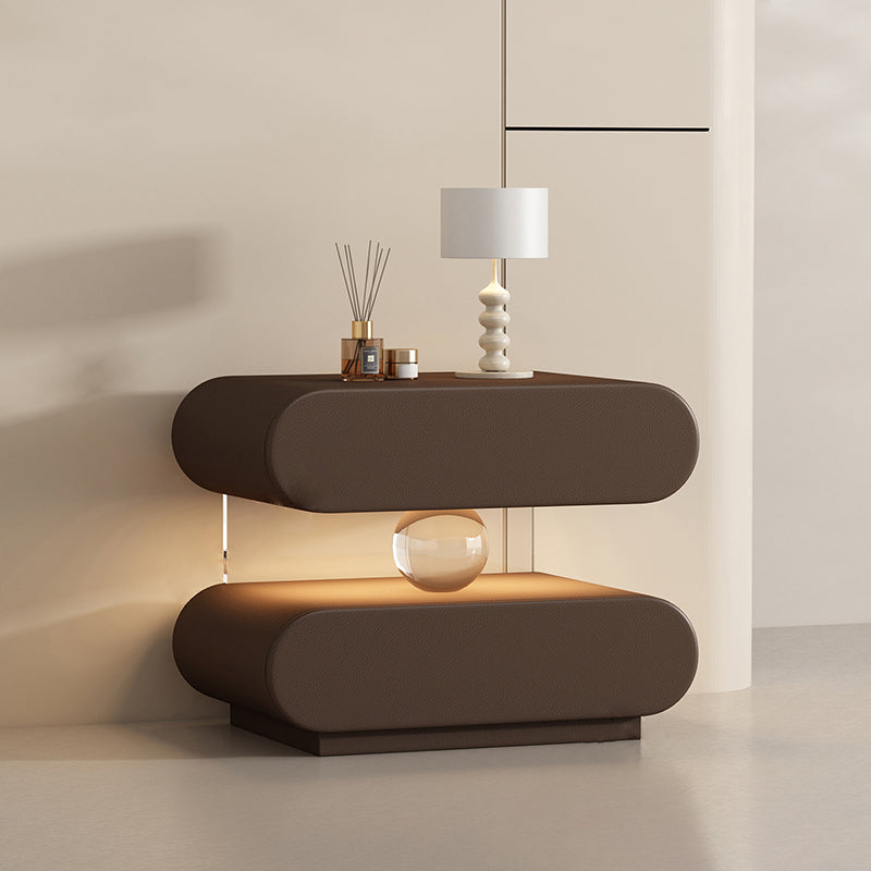 Mesita de Noche Rectangular Ovalada Moderna Minimalista de Madera Maciza con Rascador de Gato de Cuero, Acrílico, Cristal y Sensor de Luz con 2 Cajones para Dormitorio