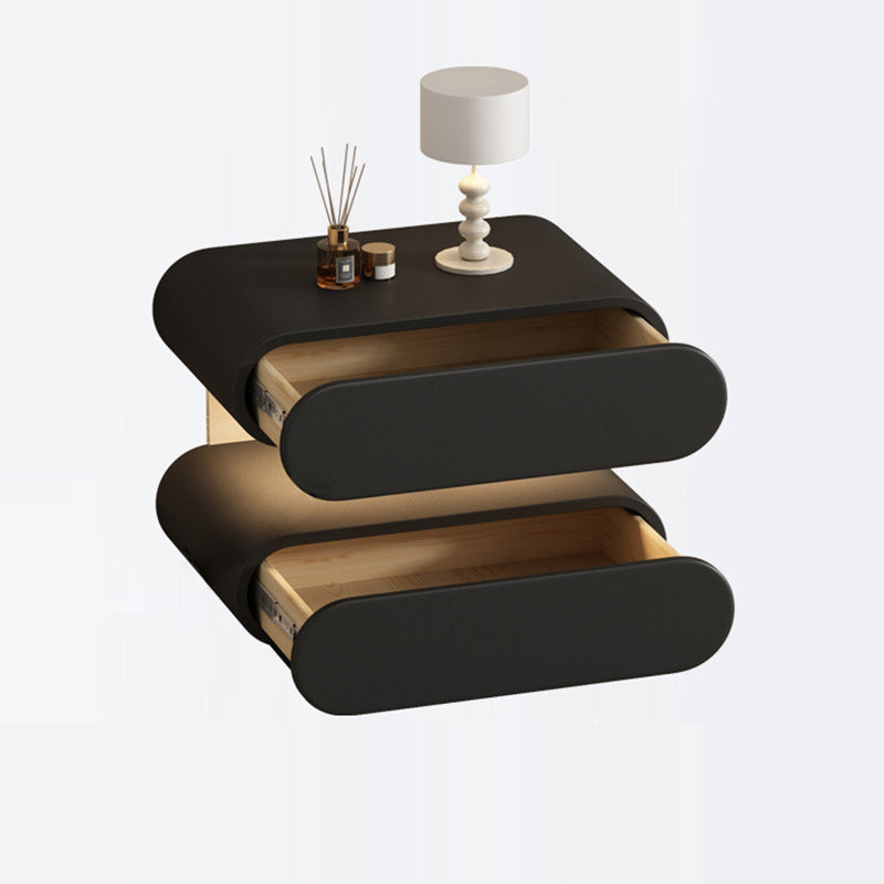 Mesita de Noche Rectangular Ovalada Moderna Minimalista de Madera Maciza con Rascador de Gato de Cuero, Acrílico, Cristal y Sensor de Luz con 2 Cajones para Dormitorio