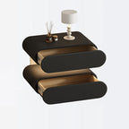Mesita de Noche Rectangular Ovalada Moderna Minimalista de Madera Maciza con Rascador de Gato de Cuero, Acrílico, Cristal y Sensor de Luz con 2 Cajones para Dormitorio