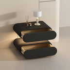Mesita de Noche Rectangular Ovalada Moderna Minimalista de Madera Maciza con Rascador de Gato de Cuero, Acrílico, Cristal y Sensor de Luz con 2 Cajones para Dormitorio