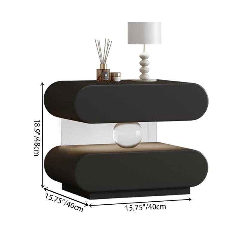 Mesita de Noche Rectangular Ovalada Moderna Minimalista de Madera Maciza con Rascador de Gato de Cuero, Acrílico, Cristal y Sensor de Luz con 2 Cajones para Dormitorio