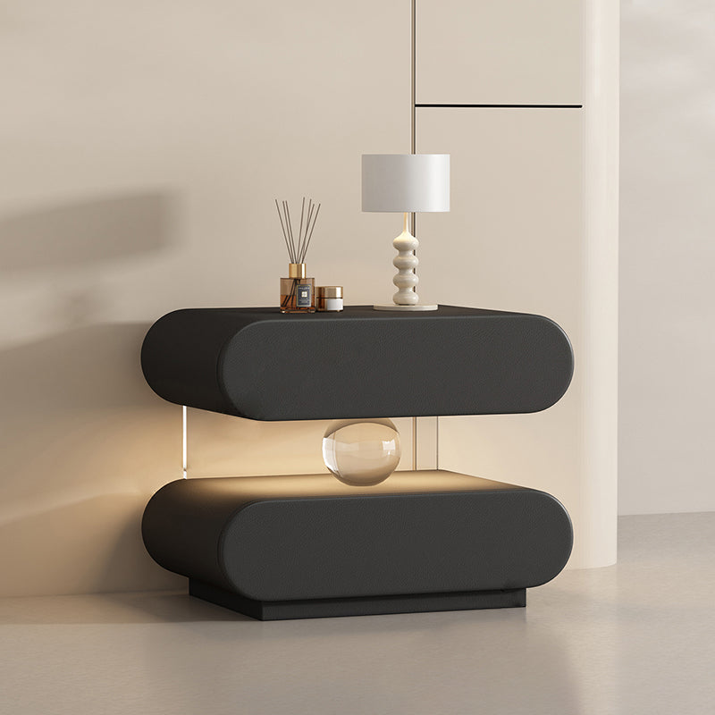 Mesita de Noche Rectangular Ovalada Moderna Minimalista de Madera Maciza con Rascador de Gato de Cuero, Acrílico, Cristal y Sensor de Luz con 2 Cajones para Dormitorio