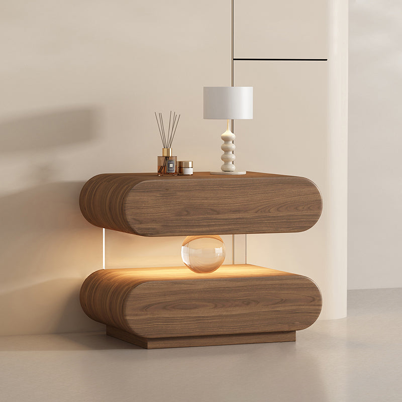 Mesita de Noche Rectangular Ovalada Moderna Minimalista de Madera Maciza con Rascador de Gato de Cuero, Acrílico, Cristal y Sensor de Luz con 2 Cajones para Dormitorio