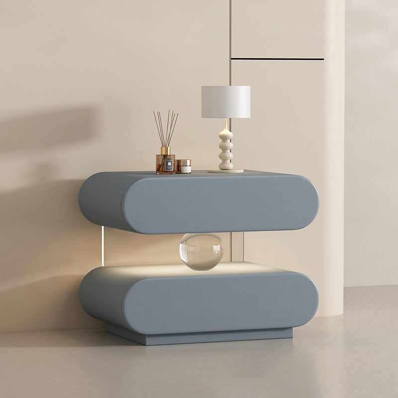 Mesita de Noche Rectangular Ovalada Moderna Minimalista de Madera Maciza con Rascador de Gato de Cuero, Acrílico, Cristal y Sensor de Luz con 2 Cajones para Dormitorio
