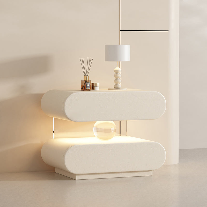 Mesita de Noche Rectangular Ovalada Moderna Minimalista de Madera Maciza con Rascador de Gato de Cuero, Acrílico, Cristal y Sensor de Luz con 2 Cajones para Dormitorio
